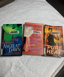 3 Paperback Romance Novels: Pure Heat, The School for Heiresses,& Angel at Dawn #36