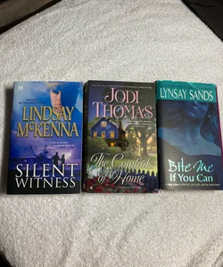 Three romance novels: Silent Witness, The Comforts of Home, & Bite Me if You Can #37