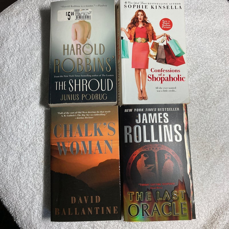 4 Paperback Novels: The Shroud, Confessions of a Shopaholic, Chalk’s Women and The Last Oracle #38