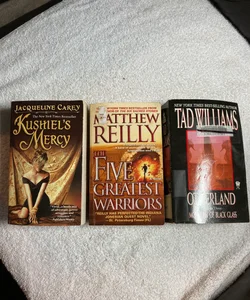 3 Paperback novels: Kushiel’s Mercy, The Five Greatest Warriors, and Overland: Mountain of Black Glass  #38