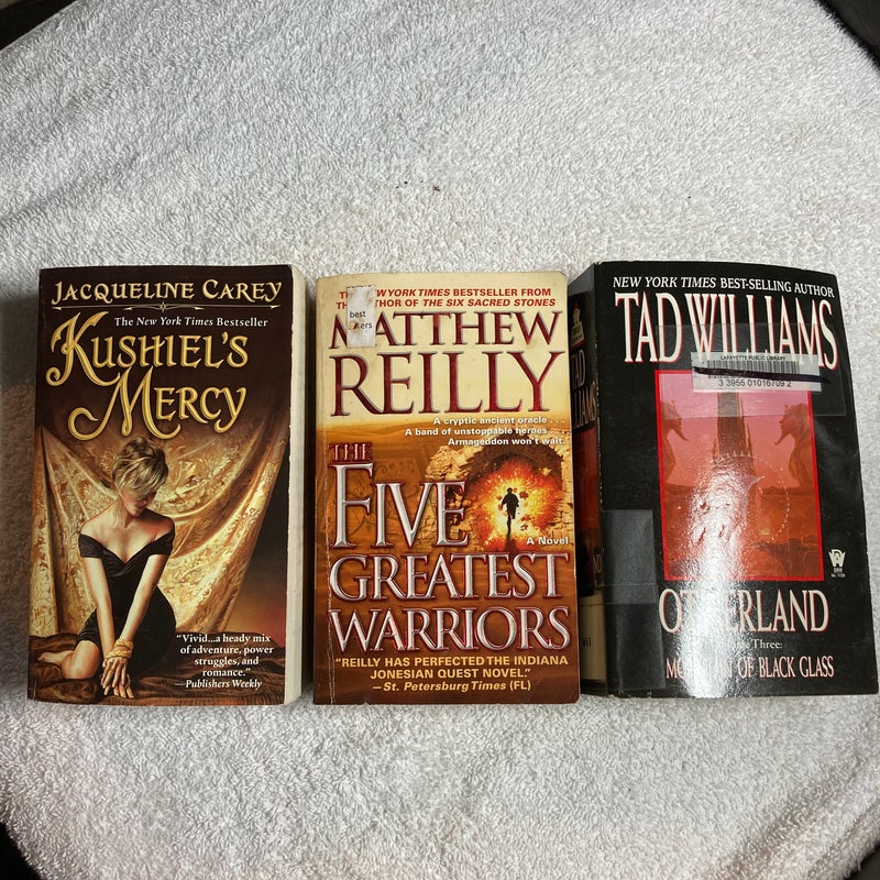 3 Paperback novels: Kushiel’s Mercy, The Five Greatest Warriors, and Overland: Mountain of Black Glass  #38