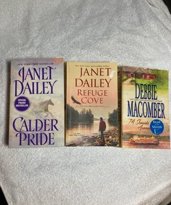 Three romance novels: Calder Pride, Refuge Cove, & 74 Seaside Ave #40