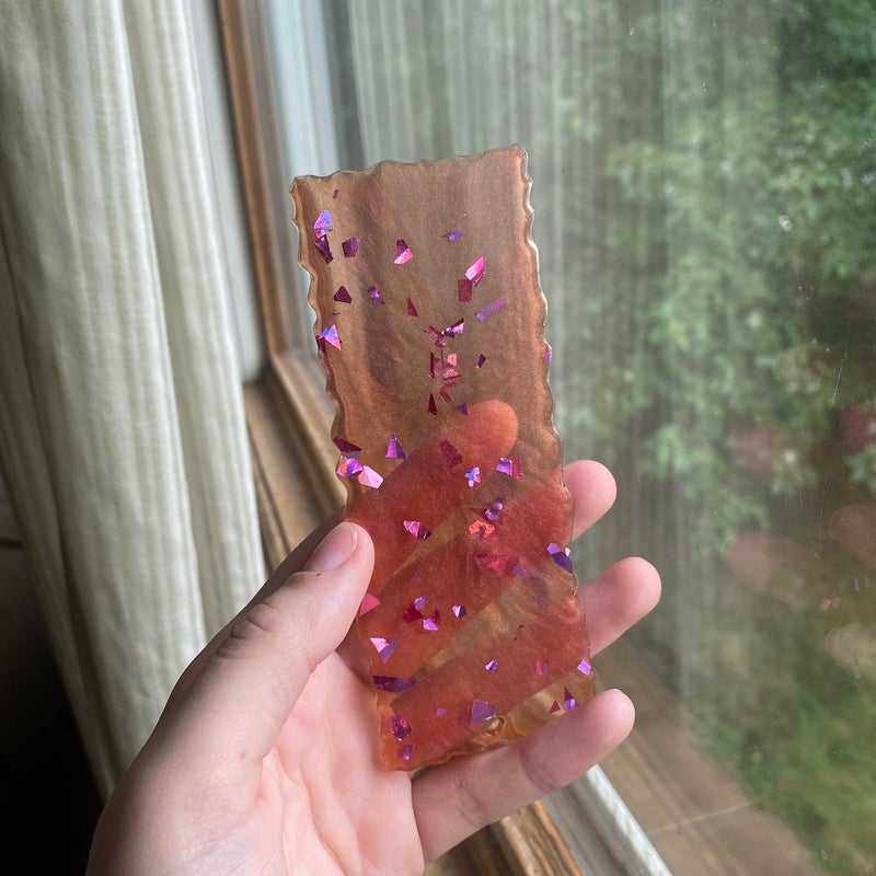 4.96” by 1.97” pink foil with color change resin bookmark