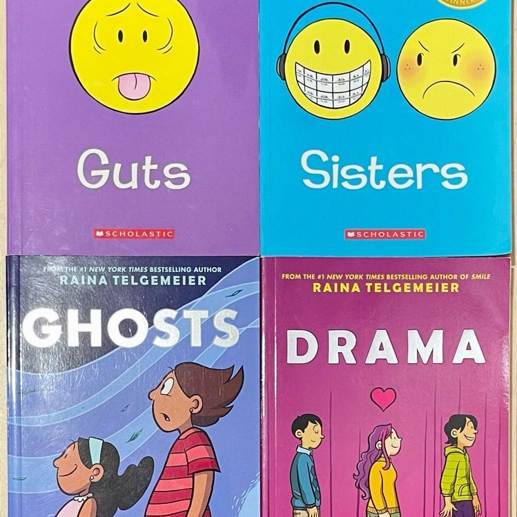 4 Raina Telgemeier Graphic Novels: Ghosts, Guts, Drama, Sisters (like new, shelf-wear)