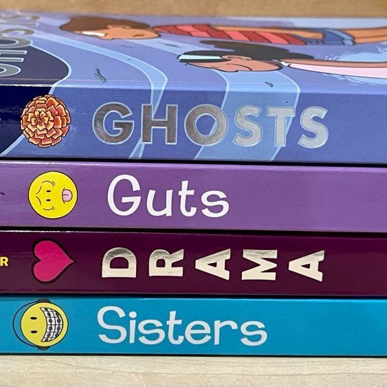 4 Raina Telgemeier Graphic Novels: Ghosts, Guts, Drama, Sisters (like new, shelf-wear)