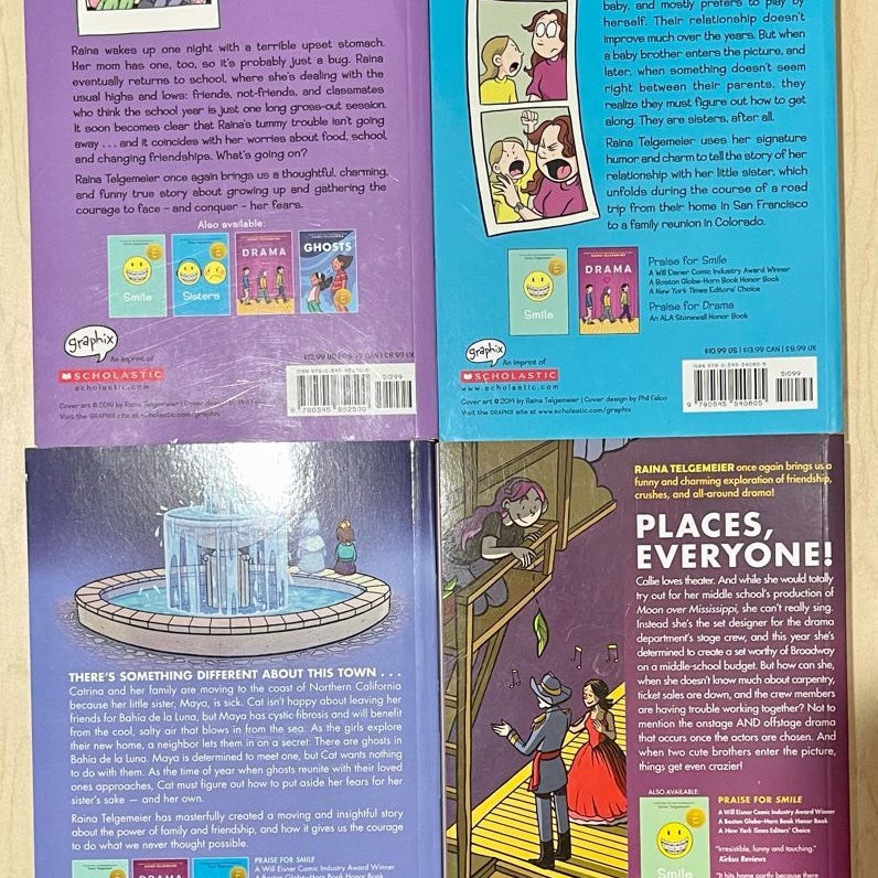 4 Raina Telgemeier Graphic Novels: Ghosts, Guts, Drama, Sisters (like new, shelf-wear)