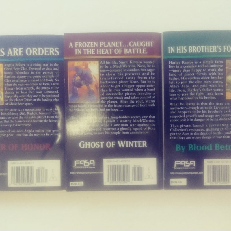 MechWarrior Paperback Lot (3) Roar of Honor, Ghost of Winter, By Blood Betrayed 