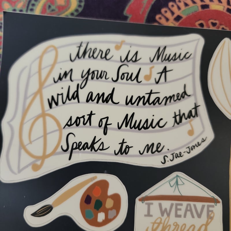 Owlcrate sticker sheet with quotes from  Winter song, The kingdom of black, And Woven in moonlight. 