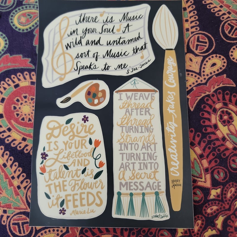 Owlcrate sticker sheet with quotes from  Winter song, The kingdom of black, And Woven in moonlight. 