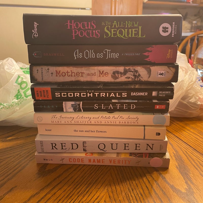 9 books, 3 ww2 books, hocus pocus, as old as time, slated, the maze runner