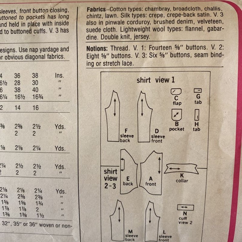 Vintage Misses Shirt Sewing Pattern from 1977