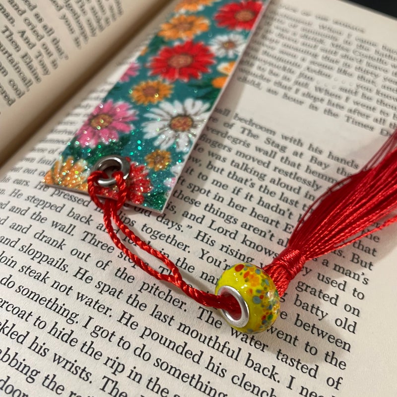 Faux Leather Bookmark with Glitter Flower Pattern