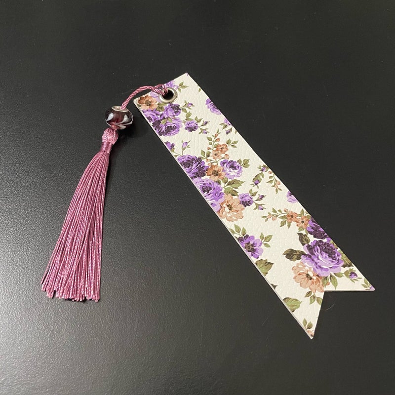 Double Sided Purple Flower Faux Leather Bookmark