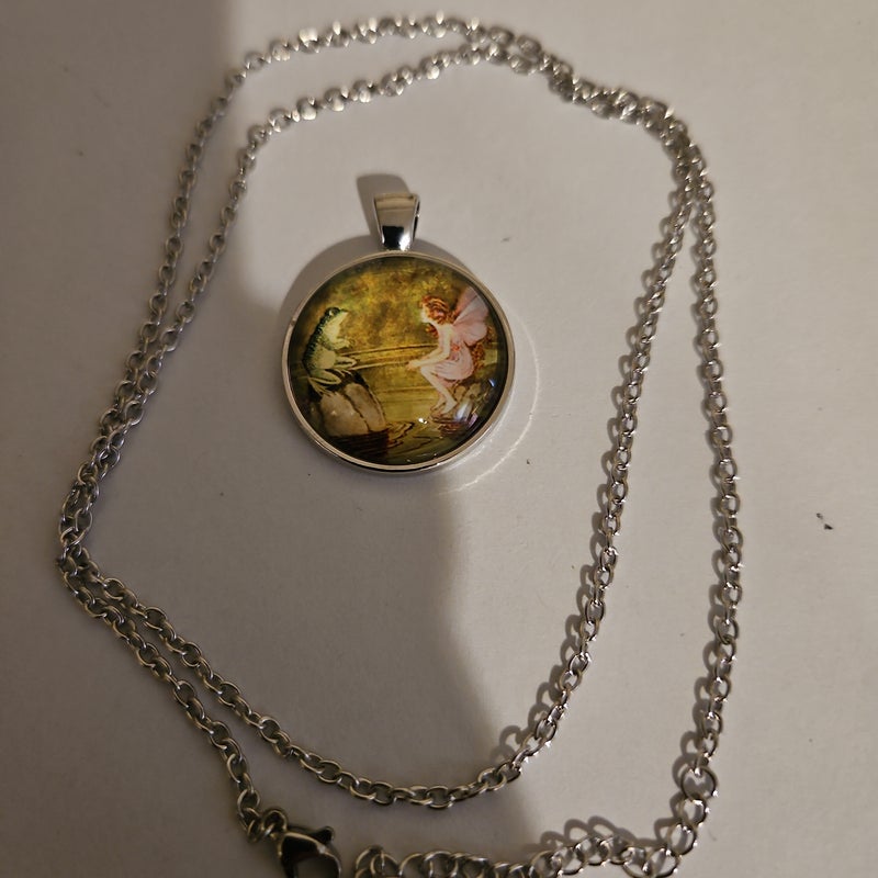 Fairy & frog pendant with silver chain