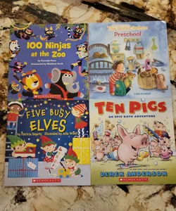  Scholastic Counting Bundle -Five Busy Elves, Ten Pigs, 100 Ninjas at the Zoo, The Night Before Preschool