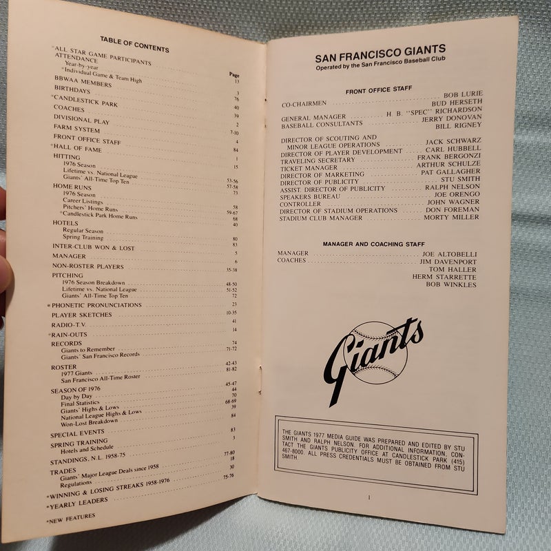 San Francisco Giants 1977 Official Media Guide