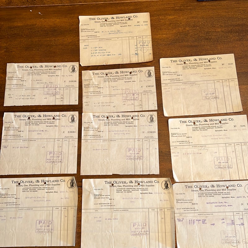Lot of 10 receipts from 1909 - Springfield MA