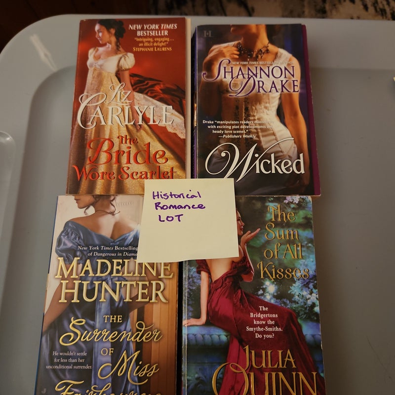 Romance LOT-historical romance Wicked, Surrender of Miss Fairbourne, The Sum of all Kisses and The Bride Wore Scarlet