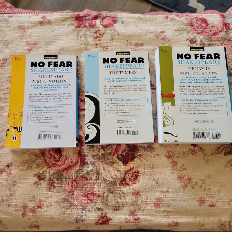 No Fear Shakespeare - 3 book lot - Much Ado About Nothing, The Tempest, Henry IV