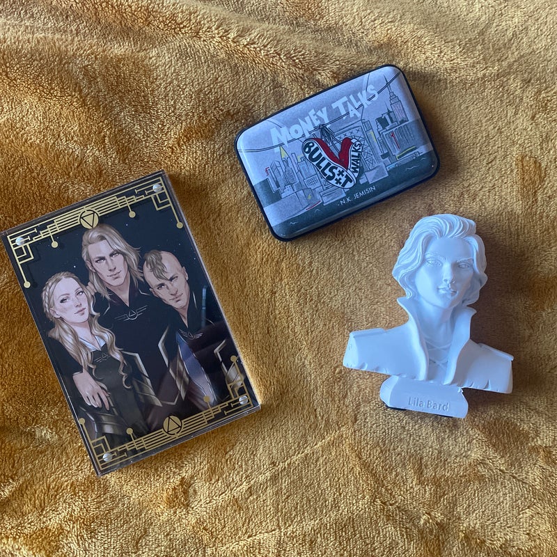 Illumicrate Items including Lila Bard Bust and Red Rising Acrylic Frame