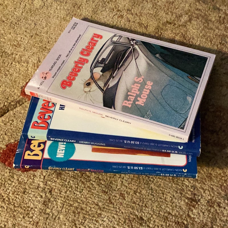 Beverly Cleary books, three.  Maggie Maggie, Ralph S Mouse, Henry Huggins