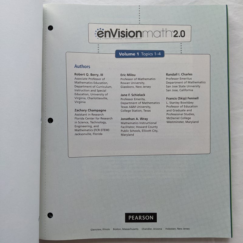 Envision Math 2. 0 Common Core Student Edition Grade 8 Volume 1 Copyright2017