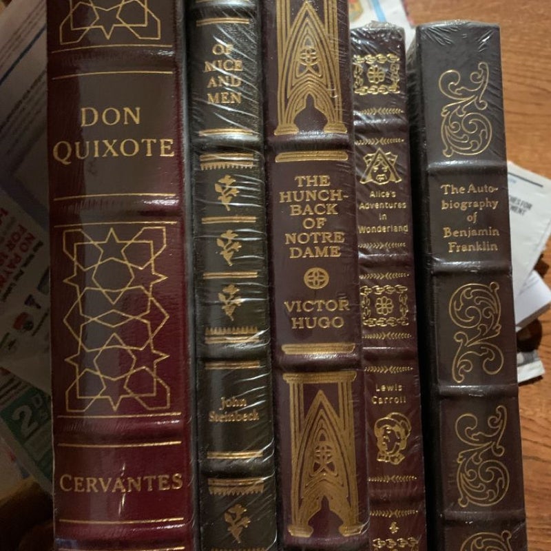 Don Quixote, Of Mice and Men, The Hutchback of Notre Dame, Alice’s Adventures in Wonderland, The Autobiography of Benjamin Franklin (all collector’s editions)