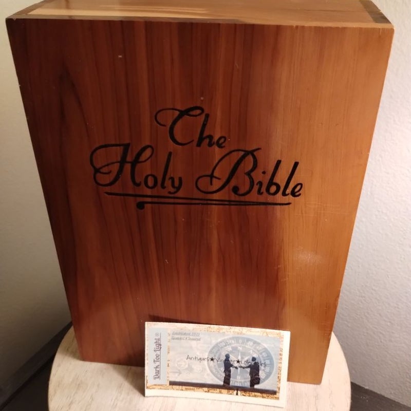 White Leather Bible w/ Wooden Engraved Case