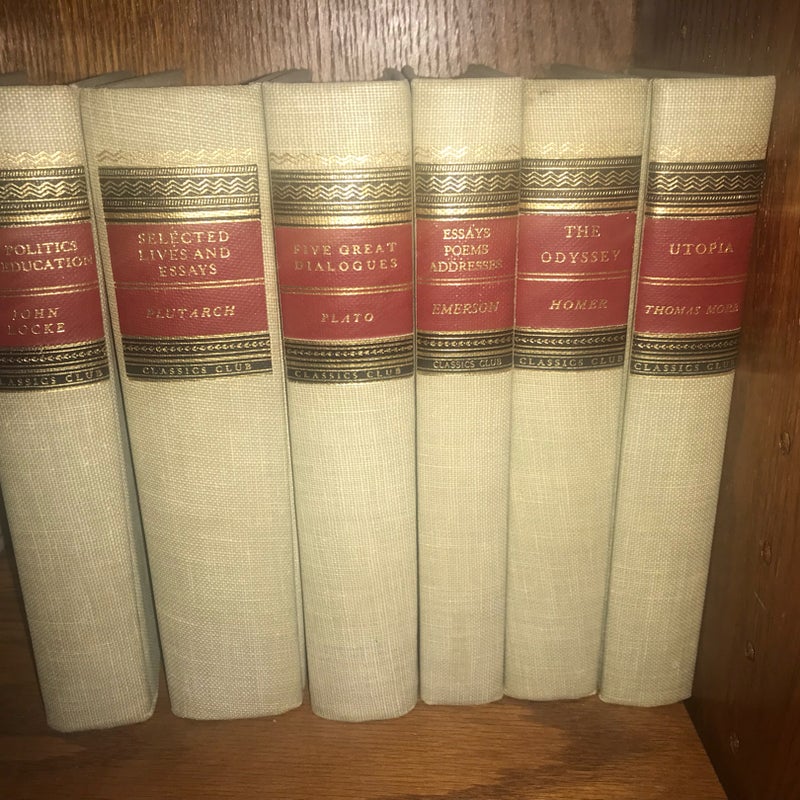 Set of 6 Classics Club volumes, Locke, Plato, Moore, Homer, Emerson, Plutarch