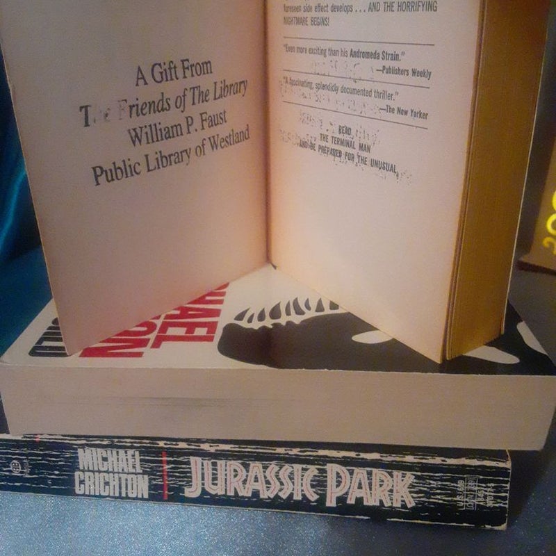 3 books by Michael Crichton, The Terminal Man, Jurassic Park 1 & 2 The Lost World, Mass market paperback books