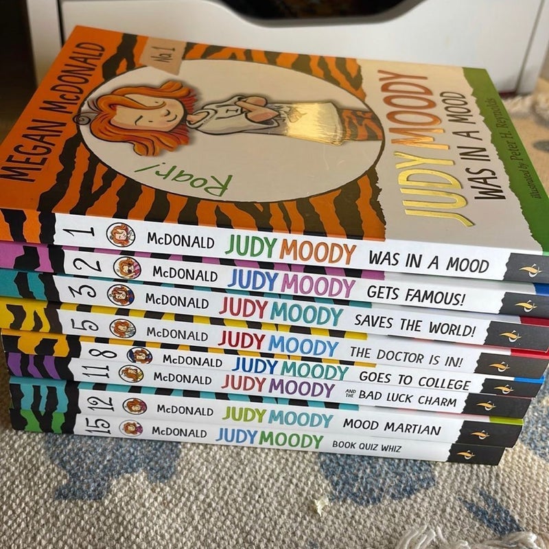 Judy Moody books by Megan McDonald Lot of 8 1 - was in a mood  2 - gets famous  3- saves the world  5- the doctor is in 8- goes to college 11- bad luck charm 12/ mood Martian 15- book quiz