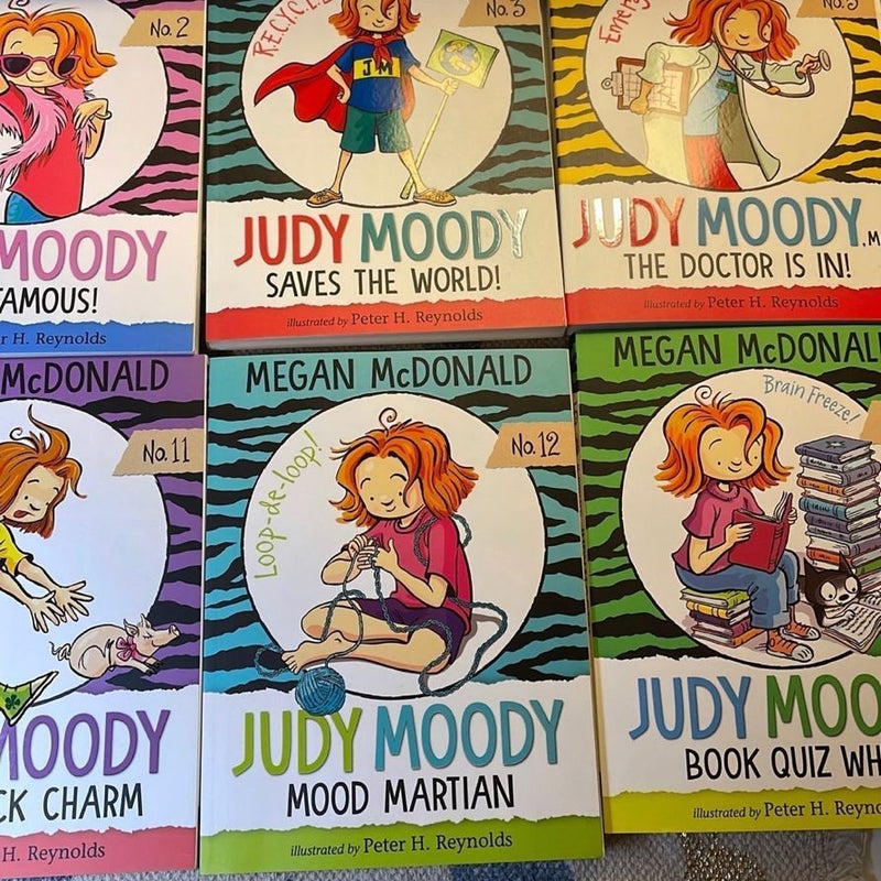 Judy Moody books by Megan McDonald Lot of 8 1 - was in a mood  2 - gets famous  3- saves the world  5- the doctor is in 8- goes to college 11- bad luck charm 12/ mood Martian 15- book quiz