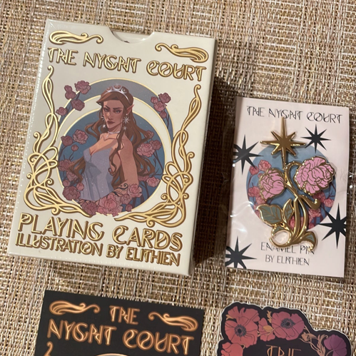 Elithien The Nyght Court cards, stickers, and pin