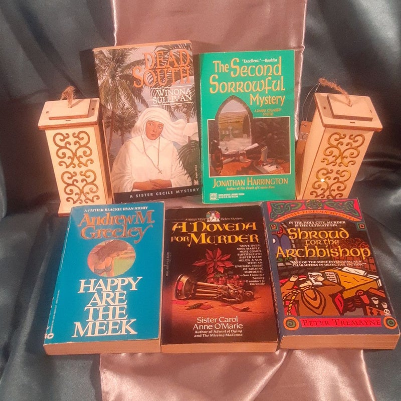 5 Religious Priest / Nun Mysteries book lot: Happy are the Meek; A Novena for Murder; Shroud for the Archbishop, Dead South, The Second Sorrowful Mystery