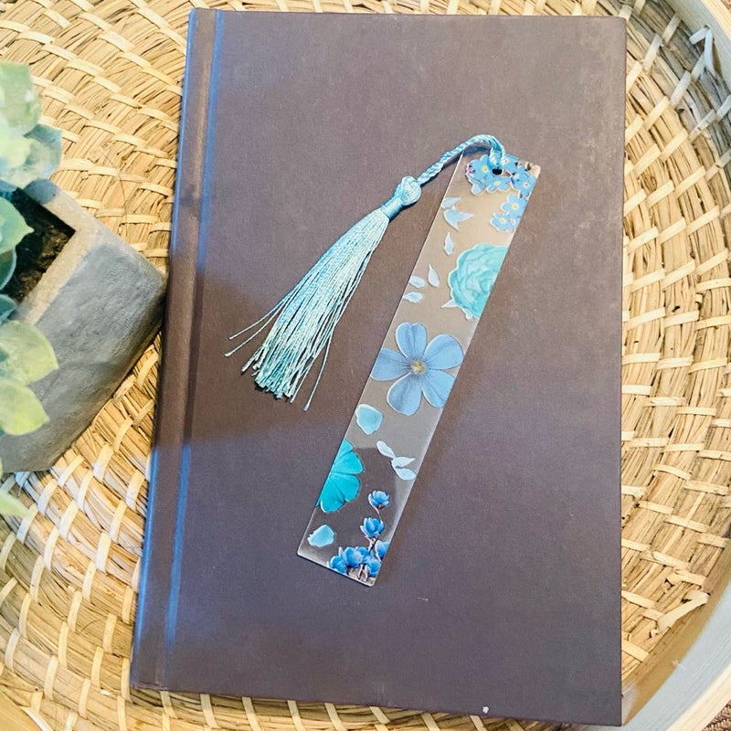 Arcylic blue floral bookmark with tassel