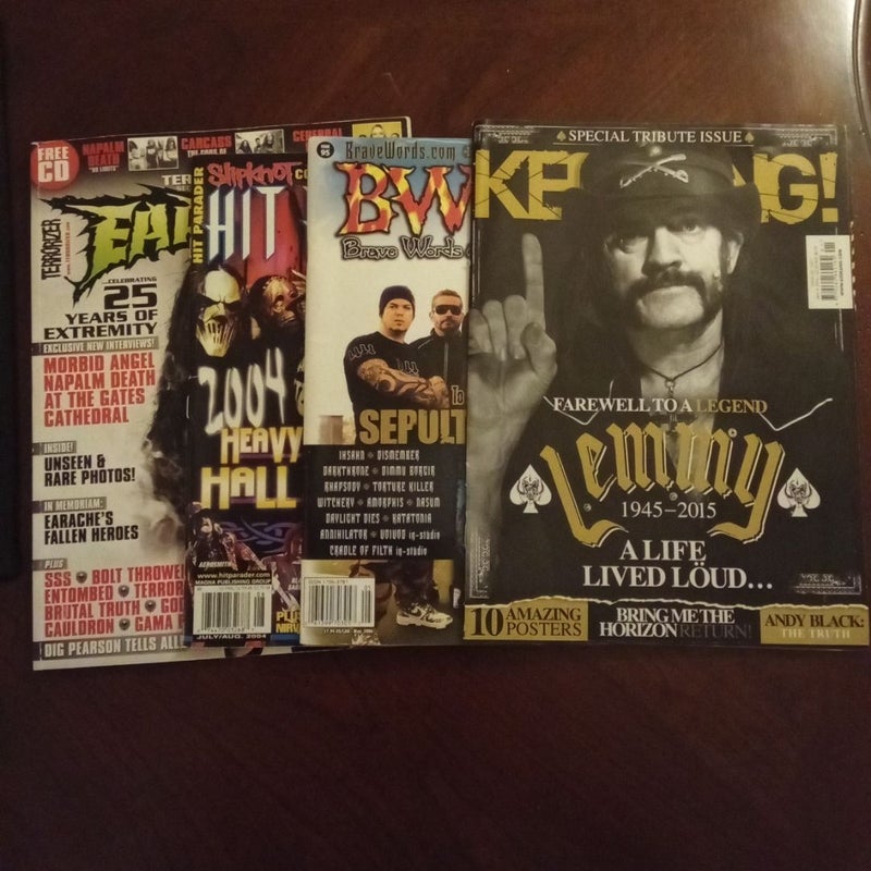 4 metal magazines: Kerrang, BWBK, Hit Parader, Earache