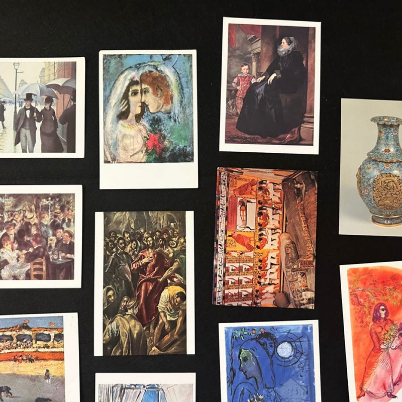 Set of 17 vintage postcards featuring artworks from the 20th century,