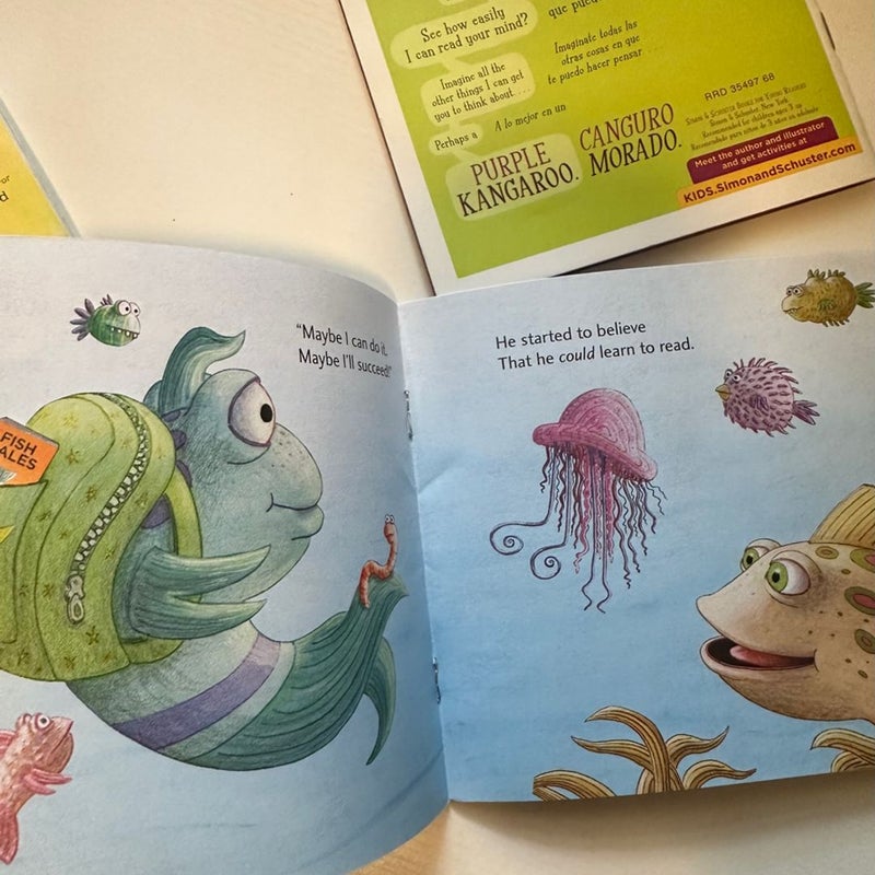 3 books: pout pout fish learns to read, the purple kangaroo, how do you hug a porcupine? 