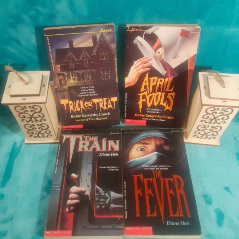 9 Scholastic Point Horror YA Teen Book Lot! Twins by Caroline Cooney,

Mirror, Mirror D.E. Athkins,
The Window Carol Ellis,
A. Bates: Party Line, Final Exam, Richie Tankersley Cusick: Trick or Treat, April Fools,
Diane Hoh: The Train, Fever