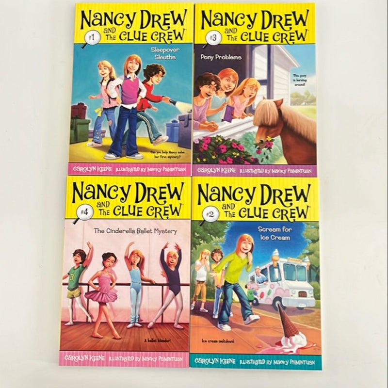 • Hardy boys(hopping mad, trouble at the arcade, mystery map,  and the missing mitt • Nancy Drew and the Clue Crew(Scream for ice cream,pony problems , the Cinderella ballet mystery, and sleepover sleuths)