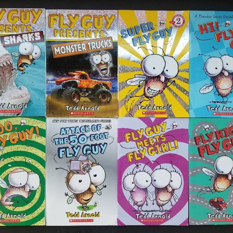 LOT OF 8 FLY GUY TEDD ARNOLD SCHOLASTIC PB BOOK LOT SHARKS HOLO & FOIL 2008-2016