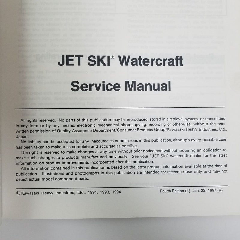 OEM 1992-1995 Kawasaki Jet Ski 750SX P/N 99924-1156-04 SERVICE MANUAL