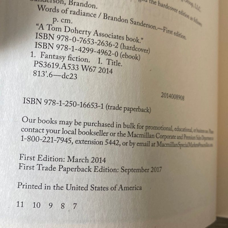 Words of Radiance 1st edition