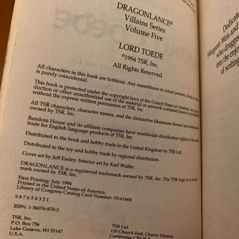 Vintage 1993 First Edition DragonLance: Complete Villains Series 1-6 Set: Before the Mask, The Black Wing, Emperor of Ansalon, Hederick the Theocrat, Lord Toede, The Dark Queen