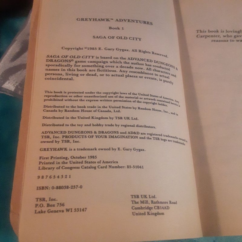 GreyHawk Adventures book 1 Saga of Old City, VERY WORN 1st printing Dungeons & Dragons TSR fantasy novel