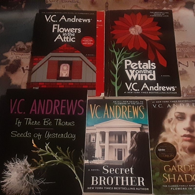 5 Attic series V.C. Andrews book lot Flowers in the Attic, Garden of Shadows, Petals on the Wind, Secret Brother, If There Be Thorns, Seeds of Yesterday
