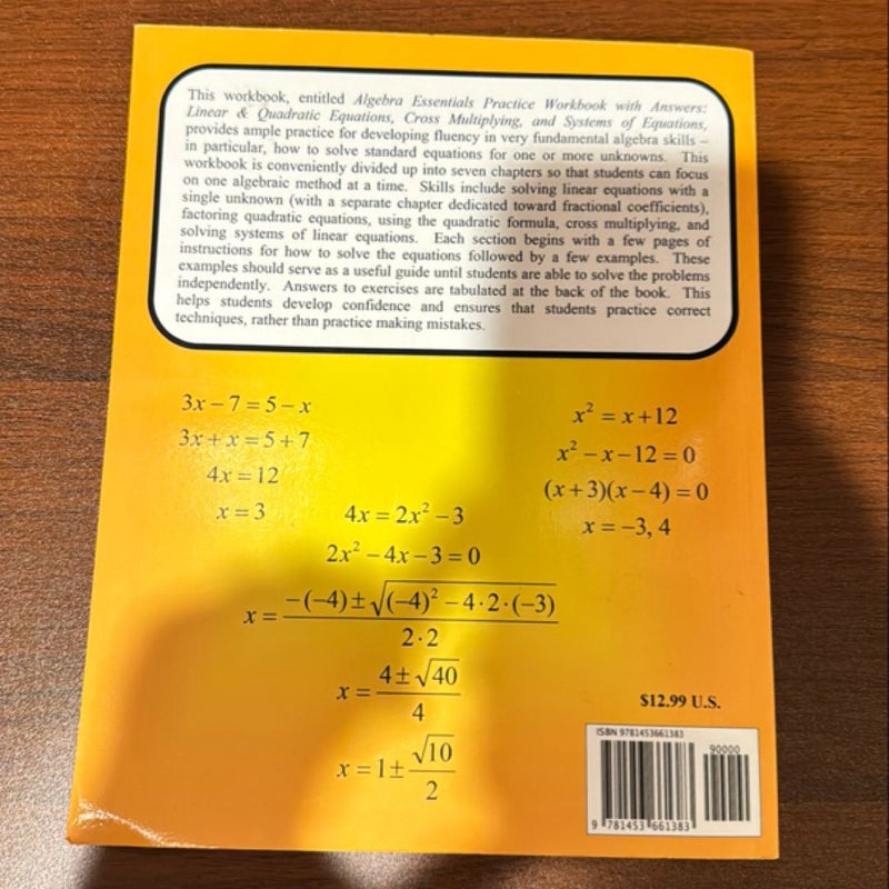 Algebra Essentials Practice Workbook with Answers: Linear and Quadratic Equations, Cross Multiplying, and Systems of Equations