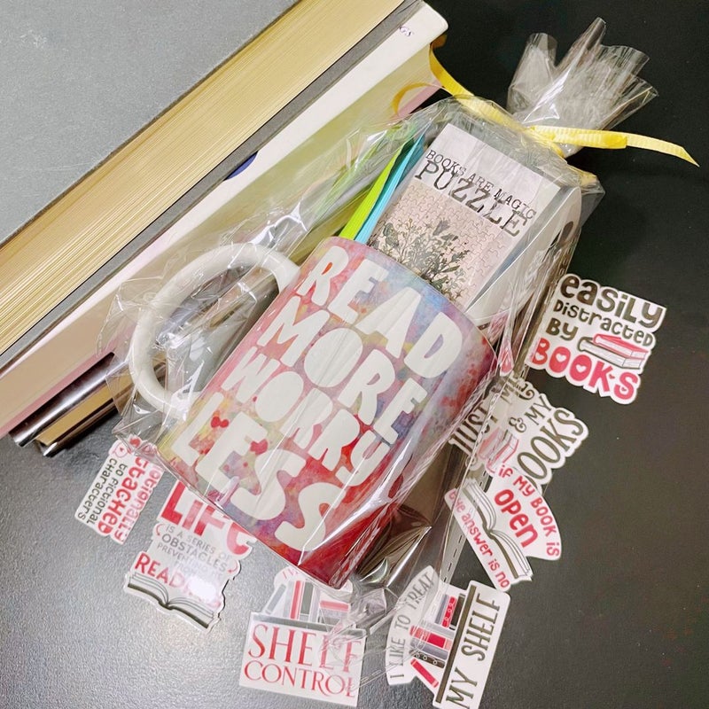 Bookish Gift Mug with Puzzle, Bookmark, and Stickers