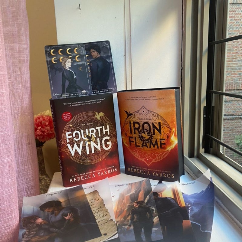 Fourth Wing/ Iron Flame (Hardcover/ 1st Ed.) F.W. cards & I.F. Page Overlay