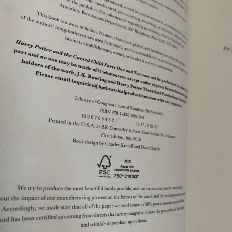 First Edition - Harry Potter and the Cursed Child Parts One and Two (Special Rehearsal Edition Script)